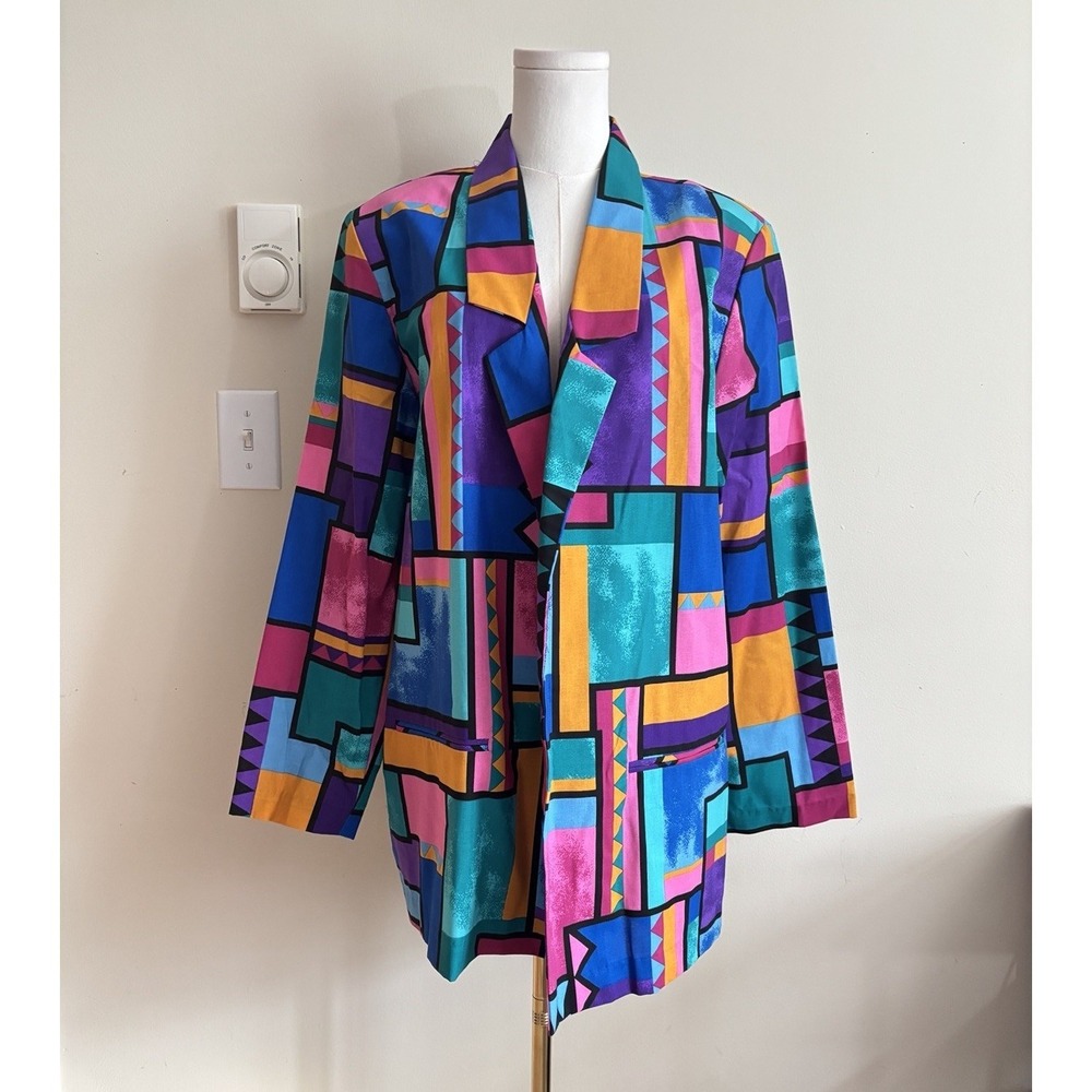 Vintage 80s 90s Barrie Stephens Blazer Jacket Retro Art Funky Women 16 XL Cotton